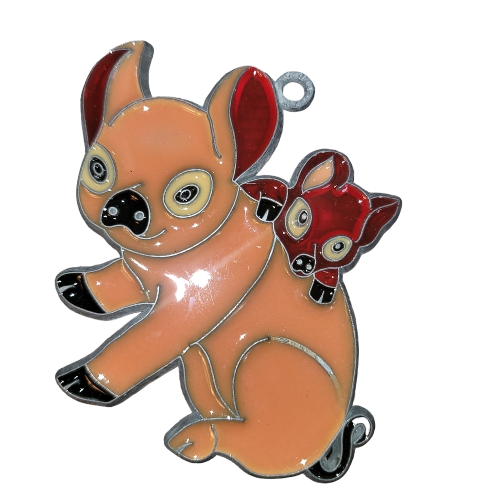 Vtg Handmade Stained Glass Pink Mommy Pig & Red Baby Piglet Suncatcher Ornament